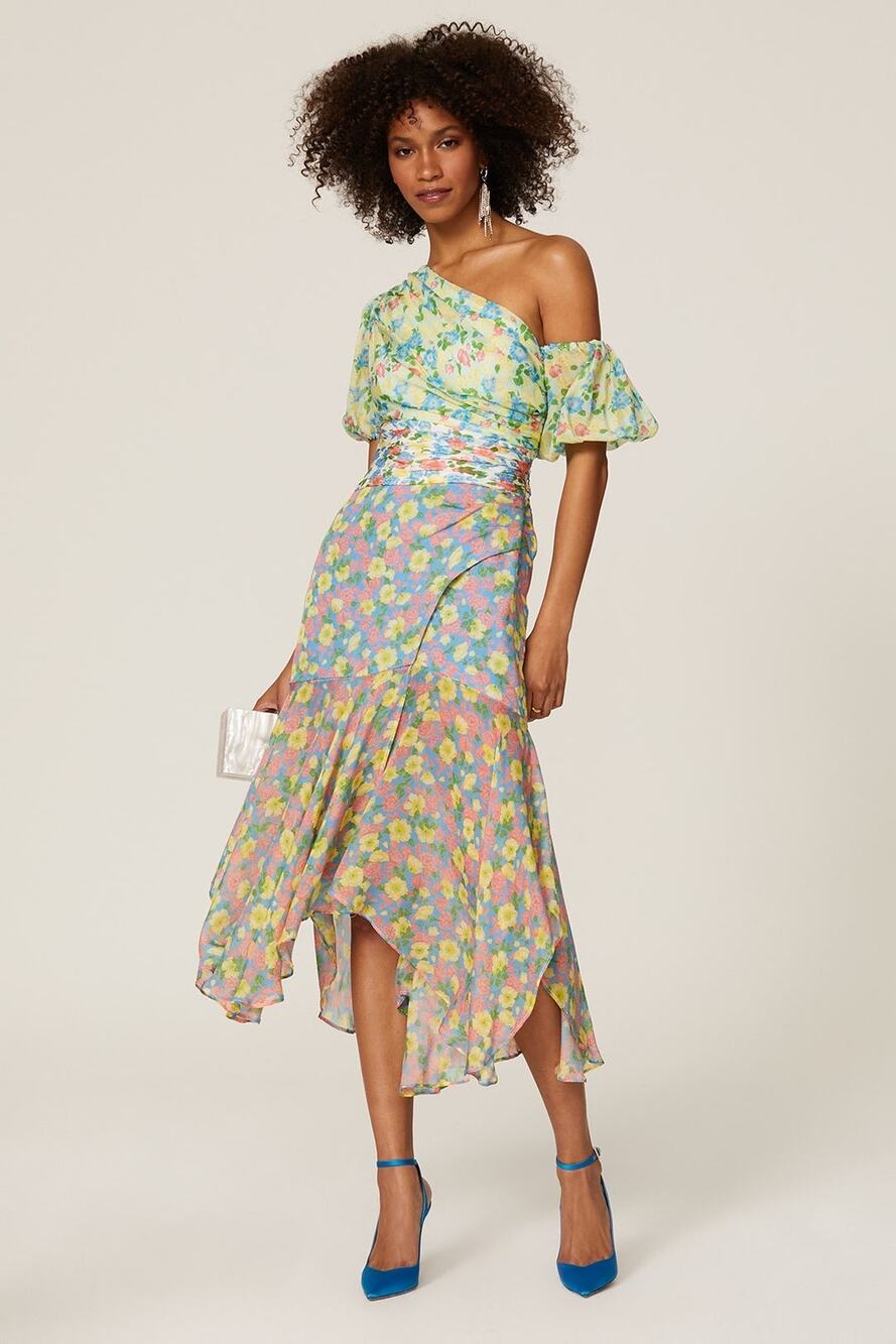 Amur Jaylah Patchwork Floral Print Silk Asymmetrical Midi Dress Size 4